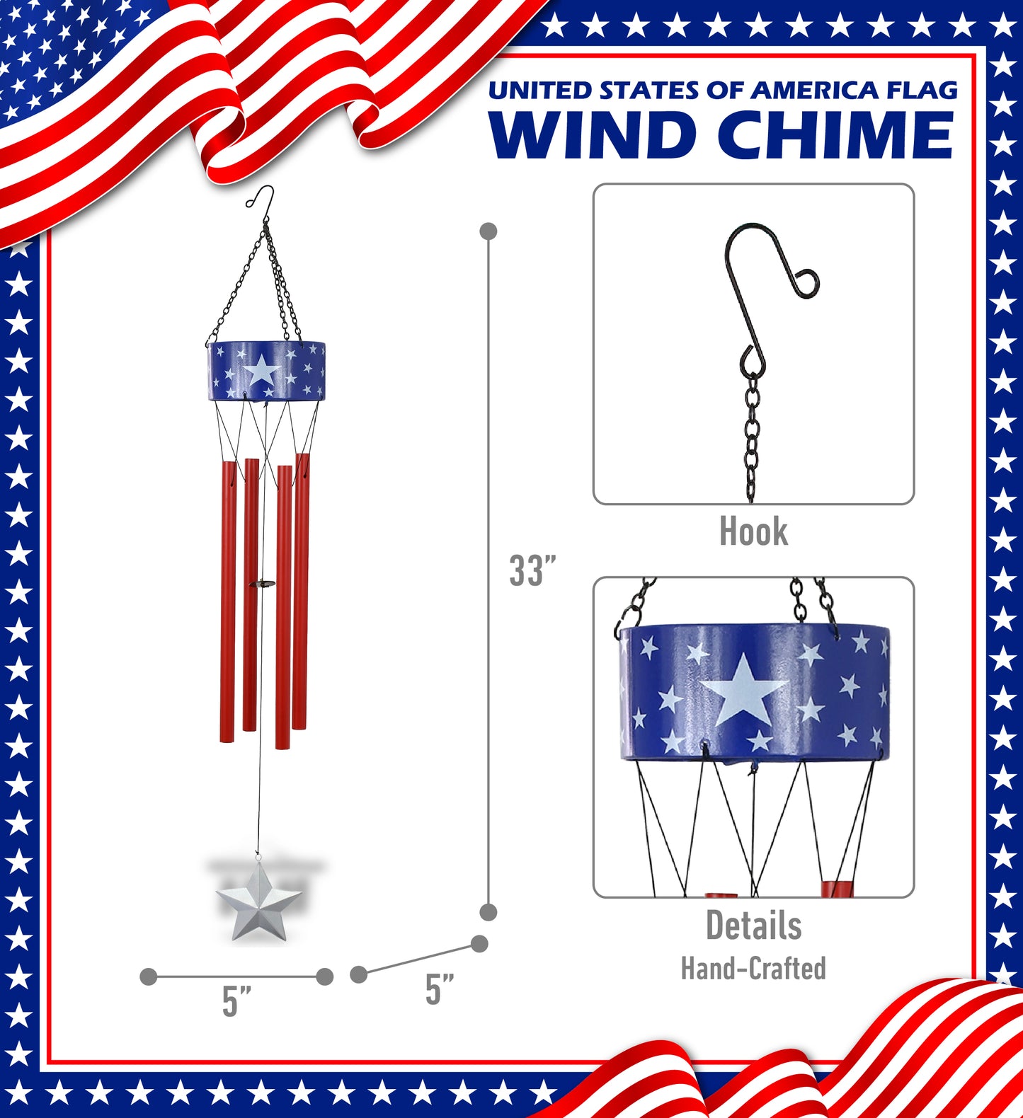 CoTa Global USA Flag Stars Handcrafted Glass and Metal Wind Chime - 33 Inches