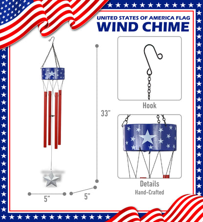 CoTa Global USA Flag Stars Handcrafted Glass and Metal Wind Chime - 33 Inches