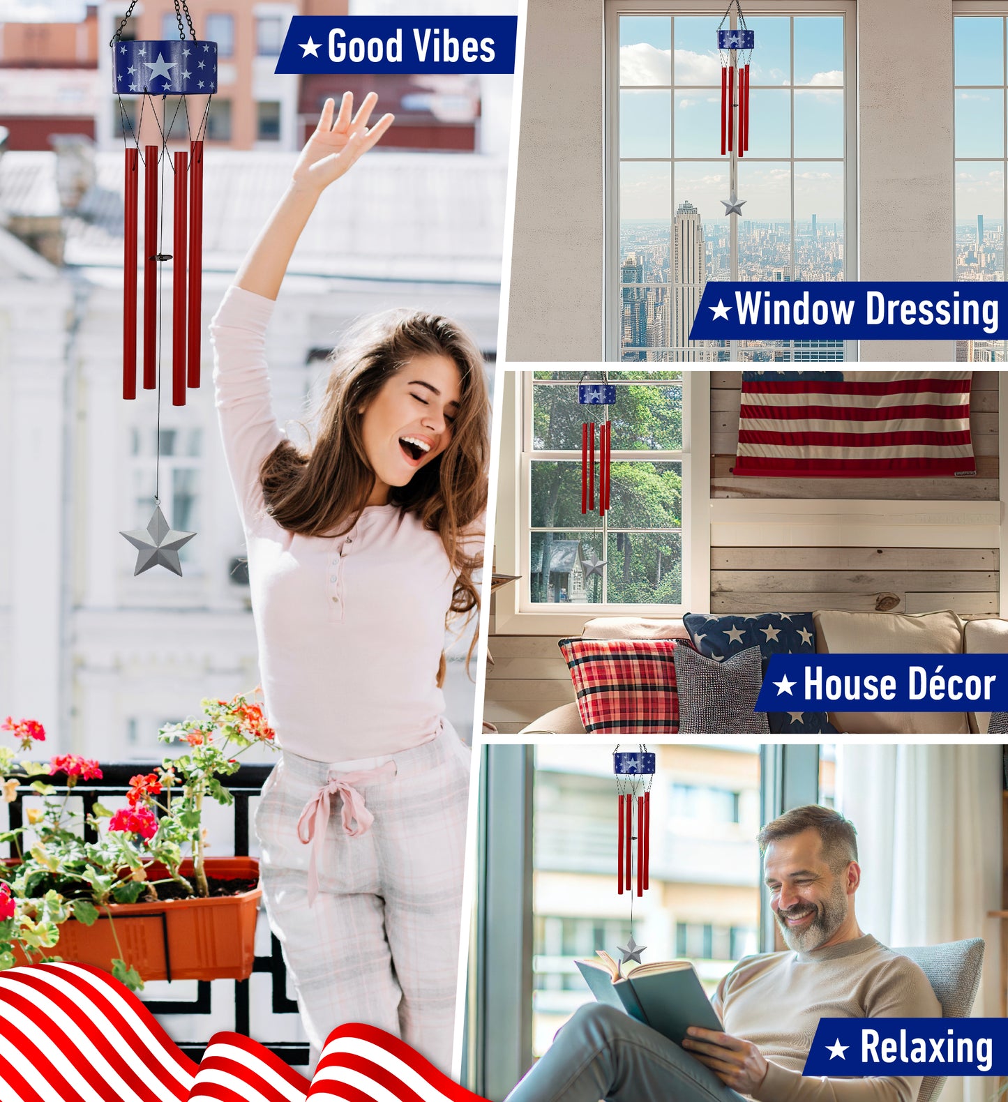 CoTa Global USA Flag Stars Handcrafted Glass and Metal Wind Chime - 33 Inches