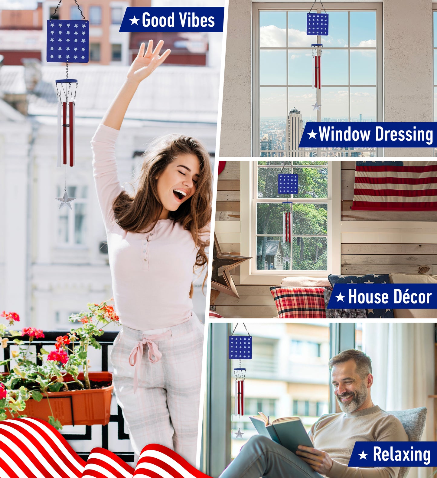 CoTa Global USA Flag Glass Stars Handcrafted Glass Wind Chime - 35.5 Inches