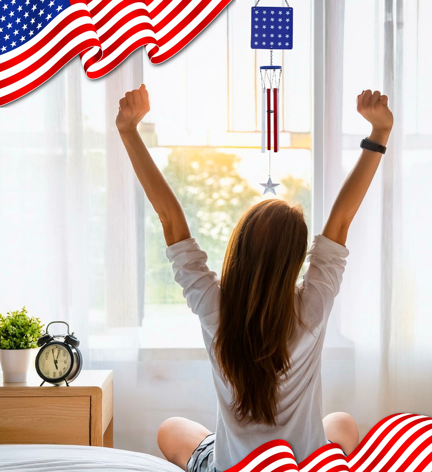 CoTa Global USA Flag Glass Stars Handcrafted Glass Wind Chime - 35.5 Inches