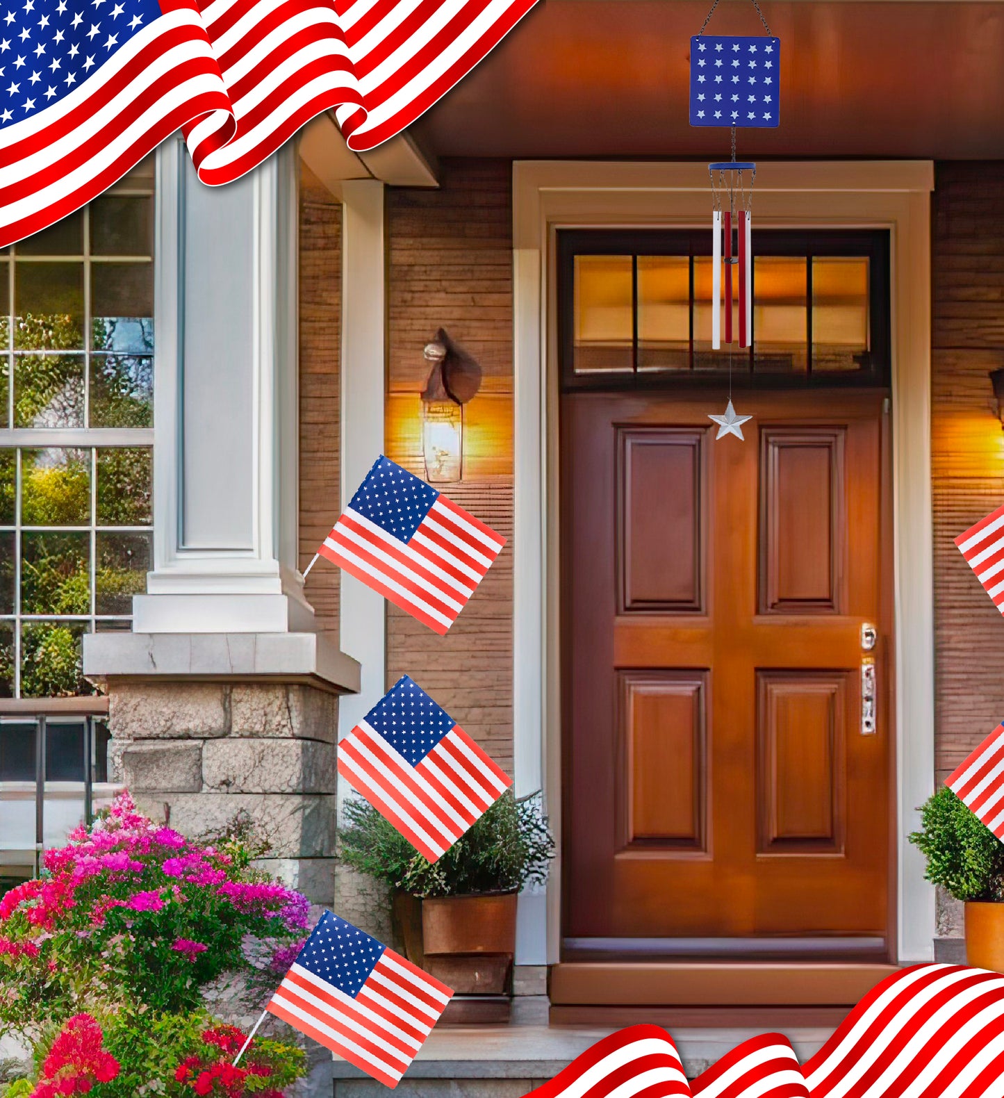 CoTa Global USA Flag Glass Stars Handcrafted Glass Wind Chime - 35.5 Inches