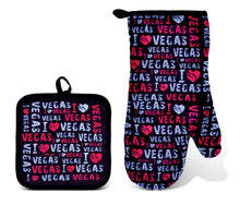 KITCHEN OVEN MITT & POT HOLDER SET - I LOVE VEGAS - PINK
