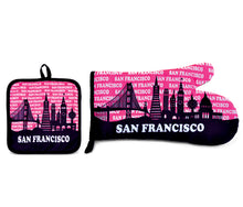 KITCHEN OVEN MITT & POT HOLDER SET - SAN FRANCISCO SKYLINE PINK