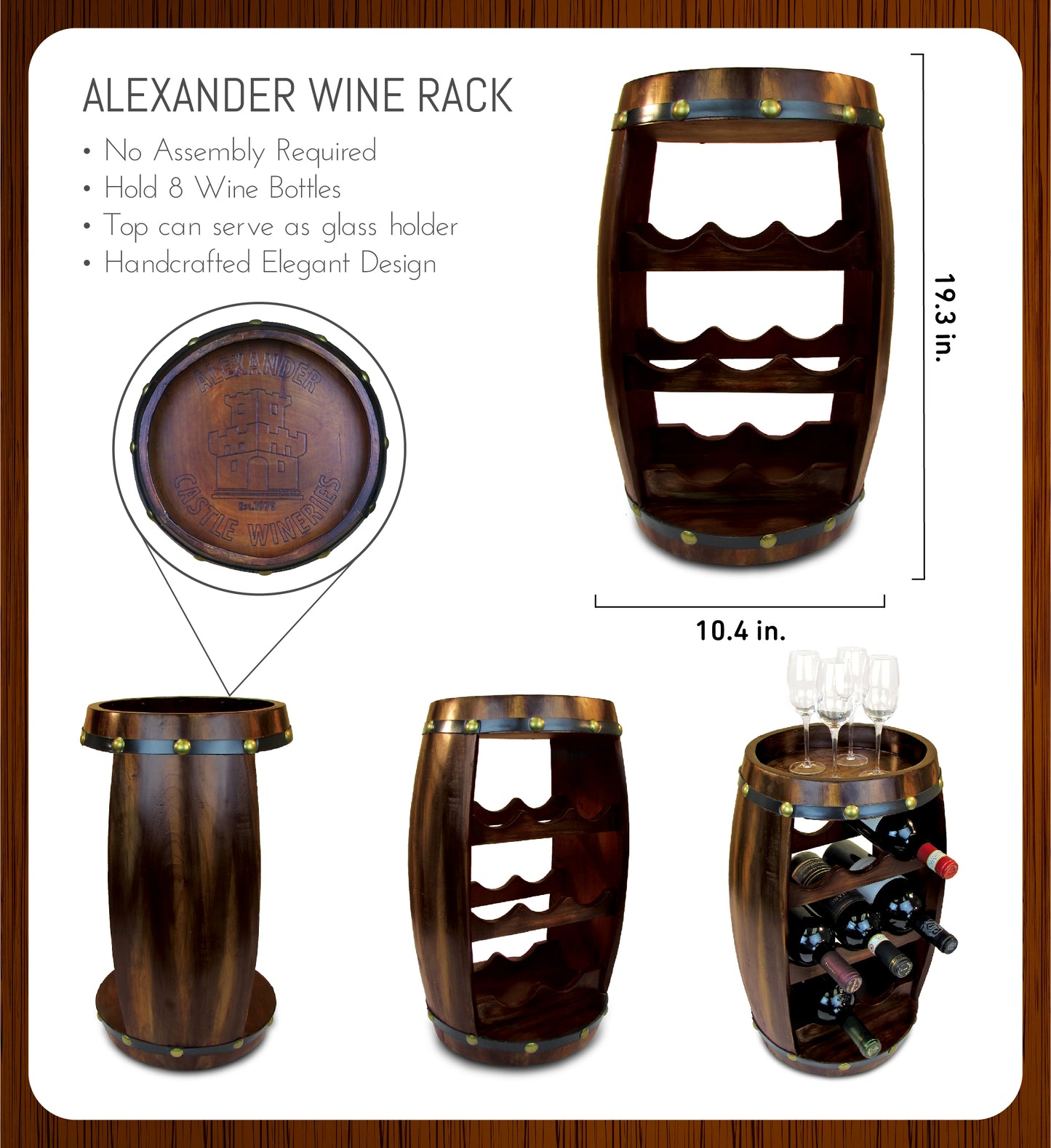 WINE DÉCOR - ALEXANDER - 8 BOTTLES WOODEN HOLDER - BARREL SHAPE