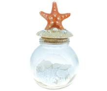 NAUTICAL DÉCOR - ORANGE STARFISH BOTTLE WITH WHITE ROCKS AND SHELLS