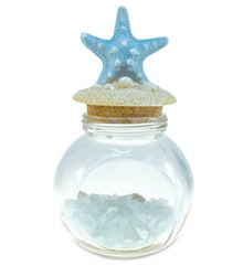 NAUTICAL DÉCOR - TURQUOISE STARFISH BOTTLE WITH TURQUOISE CRYSTAL ROCKS AND SHELLS