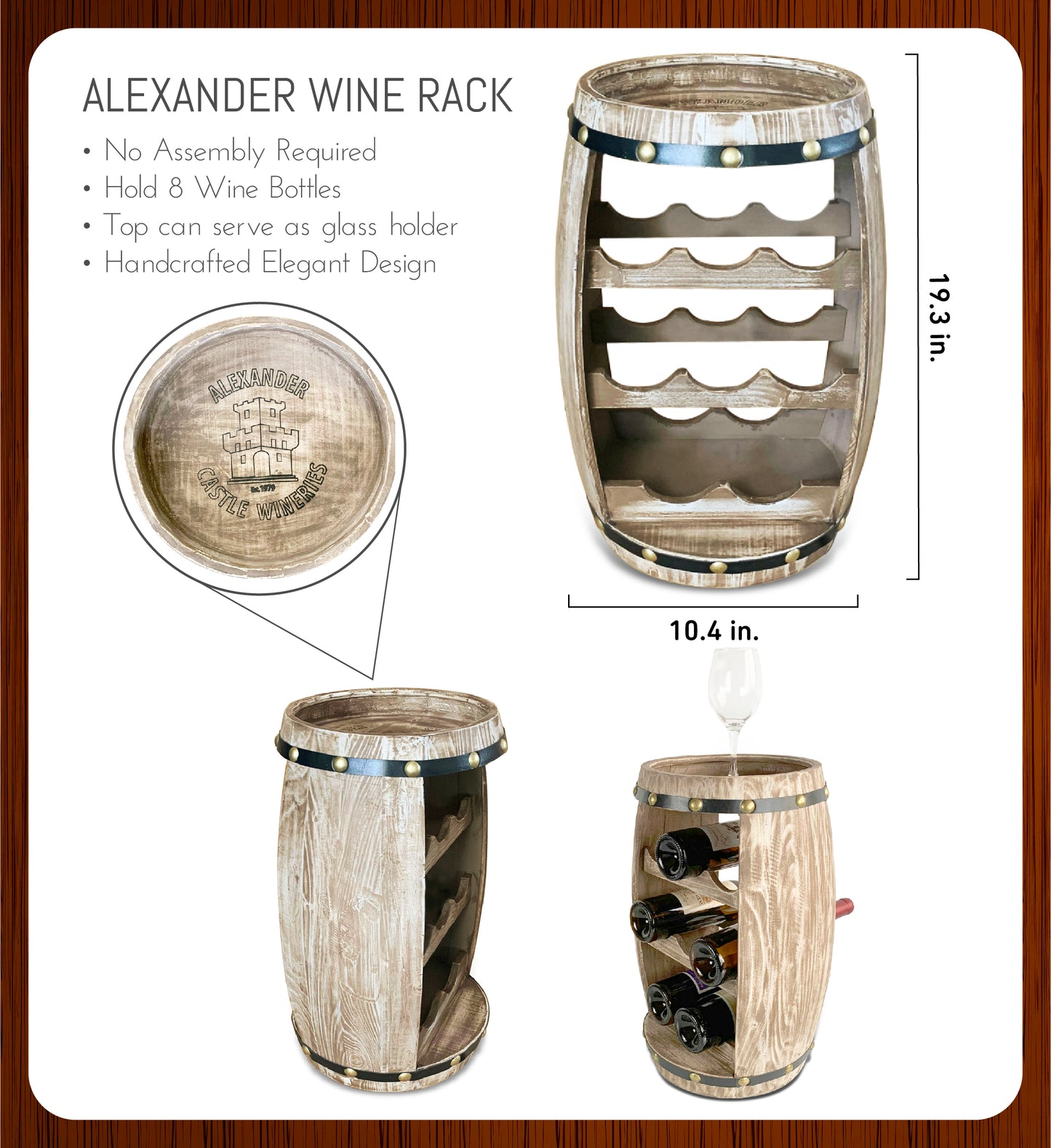 WINE DÉCOR - MODERN ALEXANDER - 8 BOTTLES WOODEN HOLDER - BARREL SHAPE
