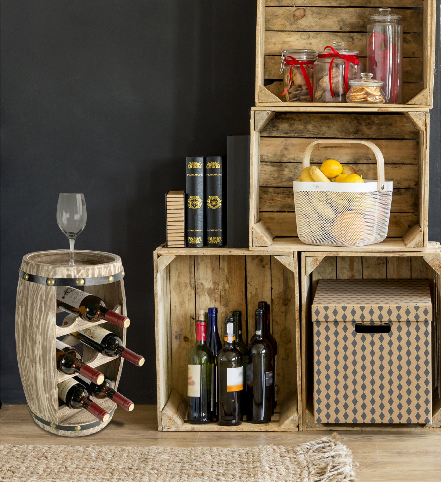 WINE DÉCOR - MODERN ALEXANDER - 8 BOTTLES WOODEN HOLDER - BARREL SHAPE