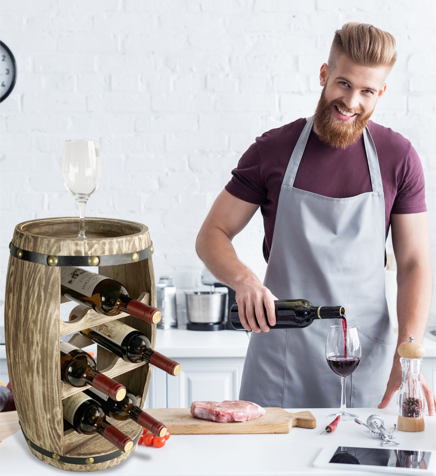 WINE DÉCOR - MODERN ALEXANDER - 8 BOTTLES WOODEN HOLDER - BARREL SHAPE
