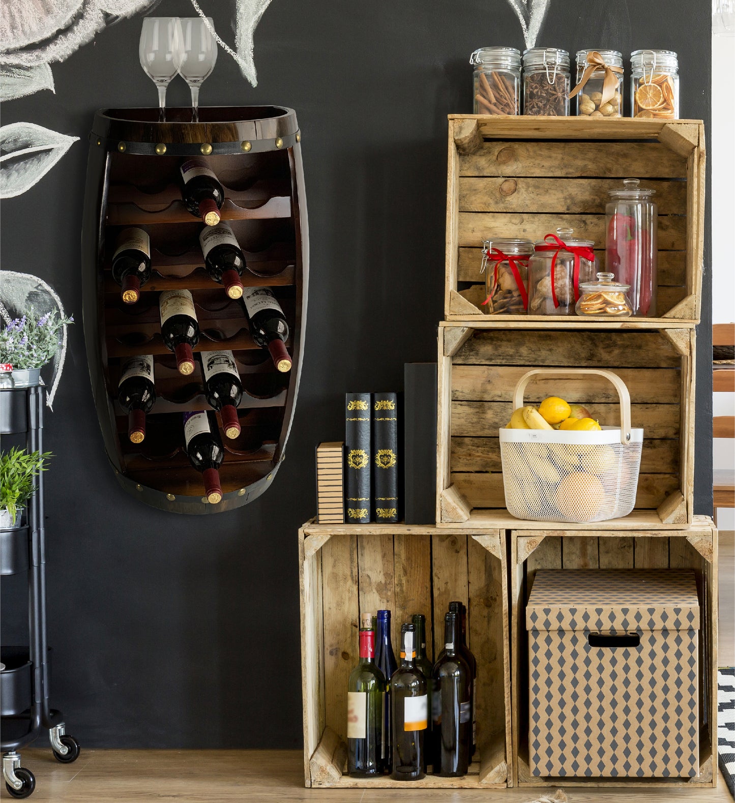 WINE DÉCOR - WALL ALEXANDER - 18 BOTTLES WOODEN HOLDER - BARREL SHAPE