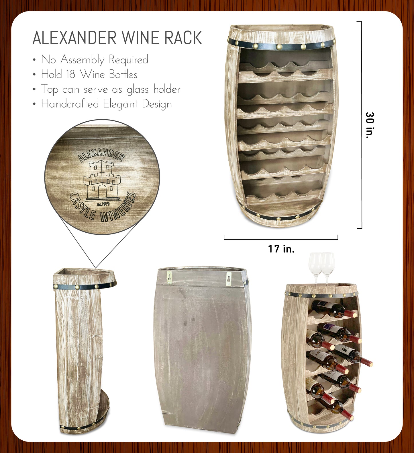 WINE DÉCOR - MODERN WALL ALEXANDER - 18 BOTTLES WOODEN HOLDER - BARREL SHAPE