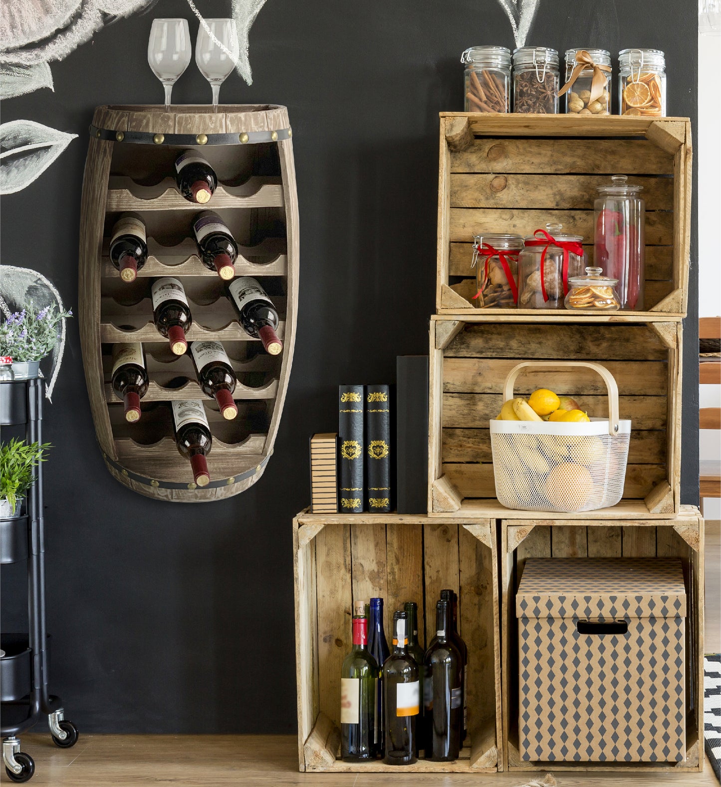 WINE DÉCOR - MODERN WALL ALEXANDER - 18 BOTTLES WOODEN HOLDER - BARREL SHAPE