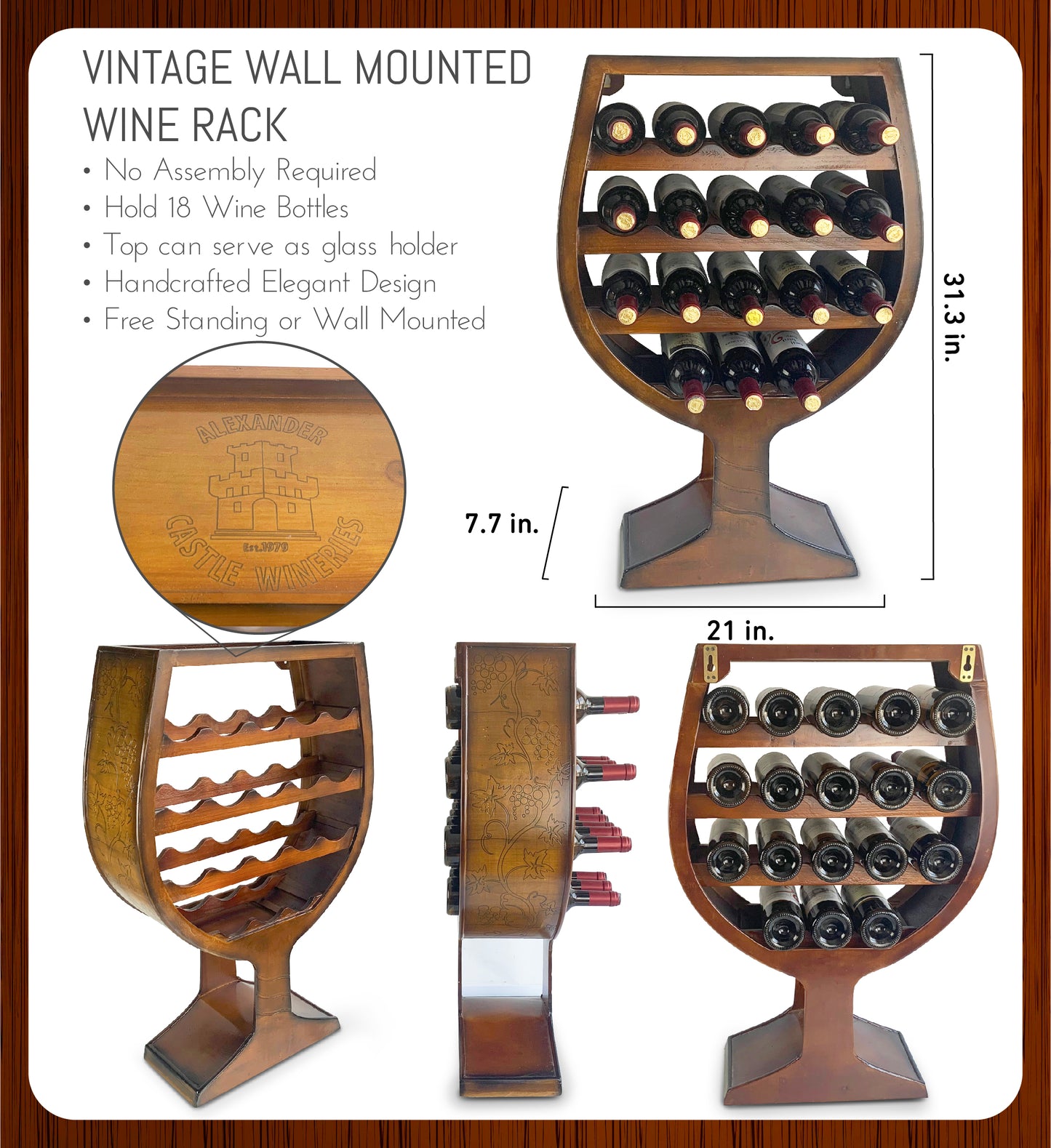 WINE DÉCOR - VINTAGE WALL MOUNTED WINE RACK WINE GLASS SHAPE - 18 BOTTLES