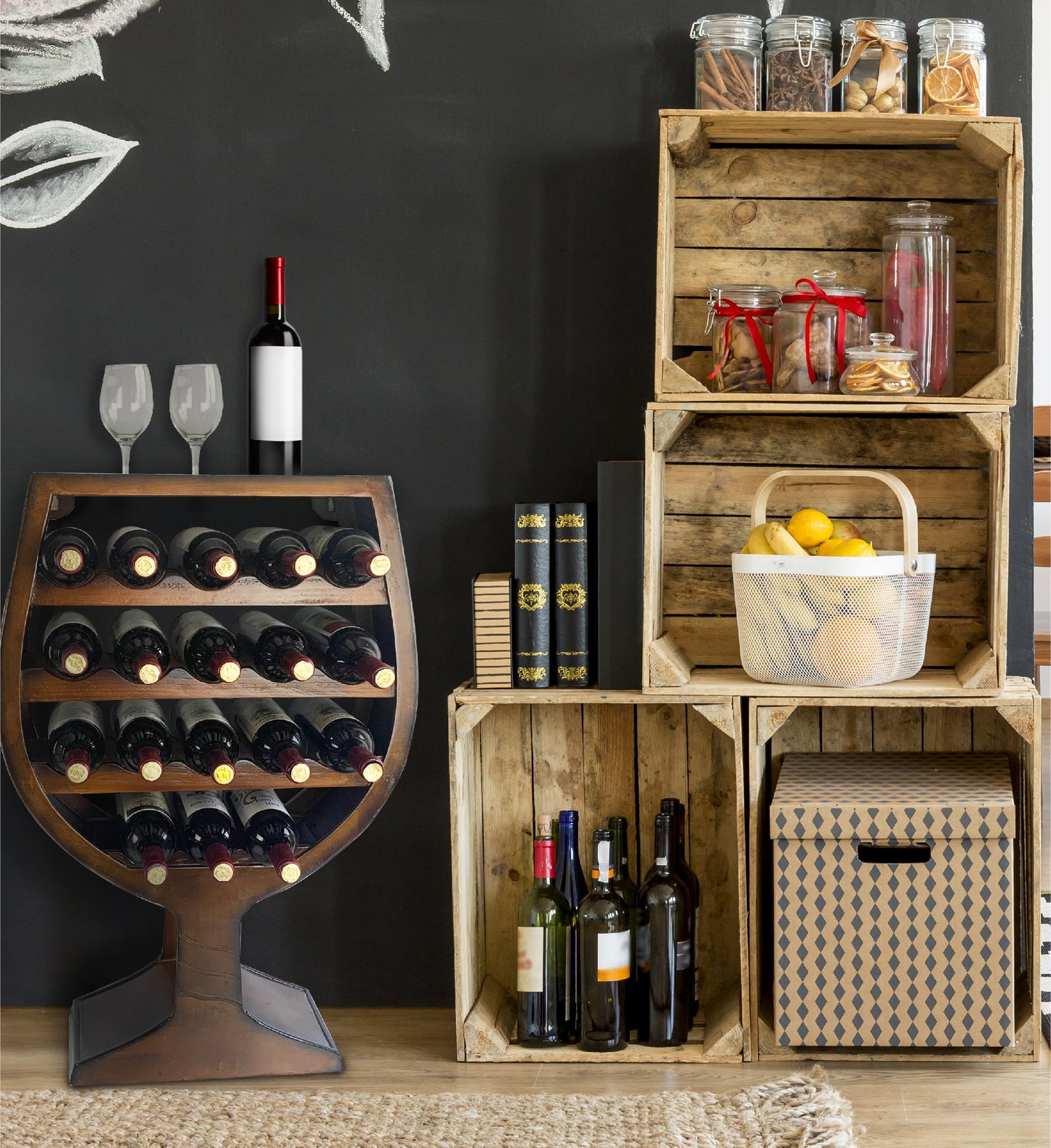 WINE DÉCOR - VINTAGE WALL MOUNTED WINE RACK WINE GLASS SHAPE - 18 BOTTLES