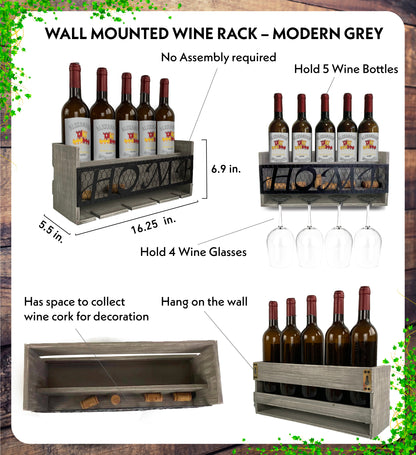 WINE DÉCOR - GREY MODERN WALL MOUNTED WINE RACK - 5 BOTTLES
