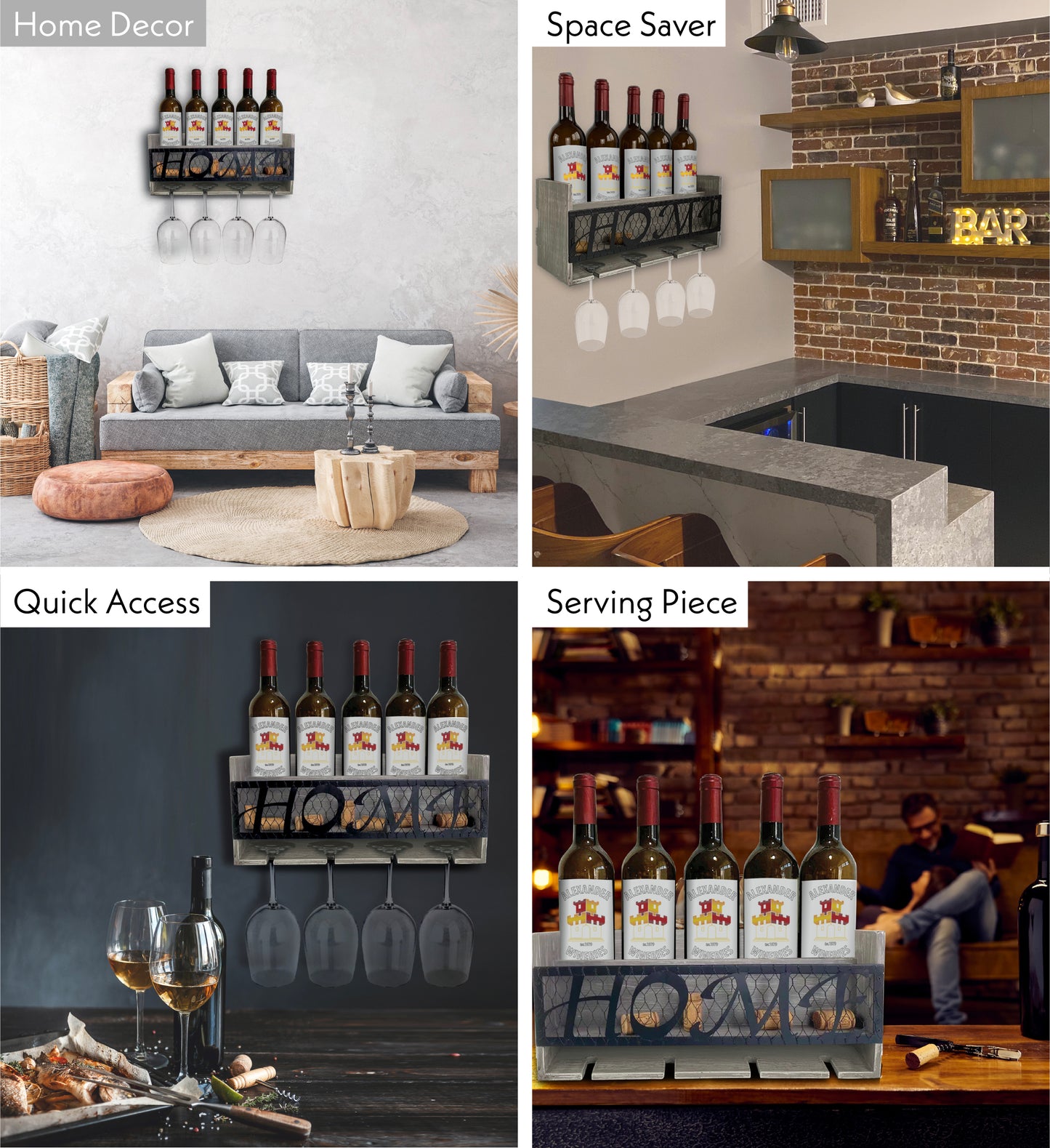WINE DÉCOR - GREY MODERN WALL MOUNTED WINE RACK - 5 BOTTLES