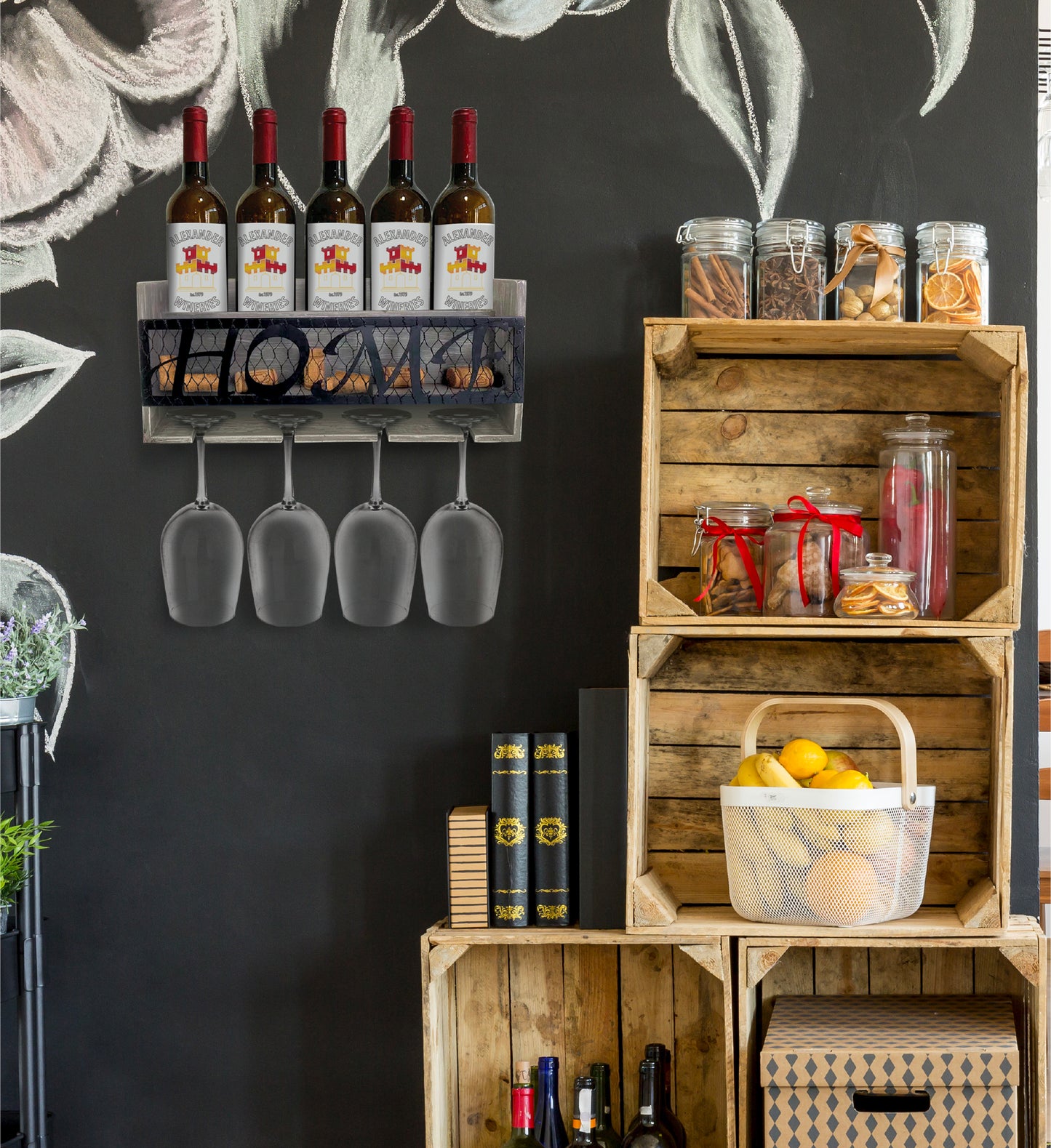 WINE DÉCOR - GREY MODERN WALL MOUNTED WINE RACK - 5 BOTTLES
