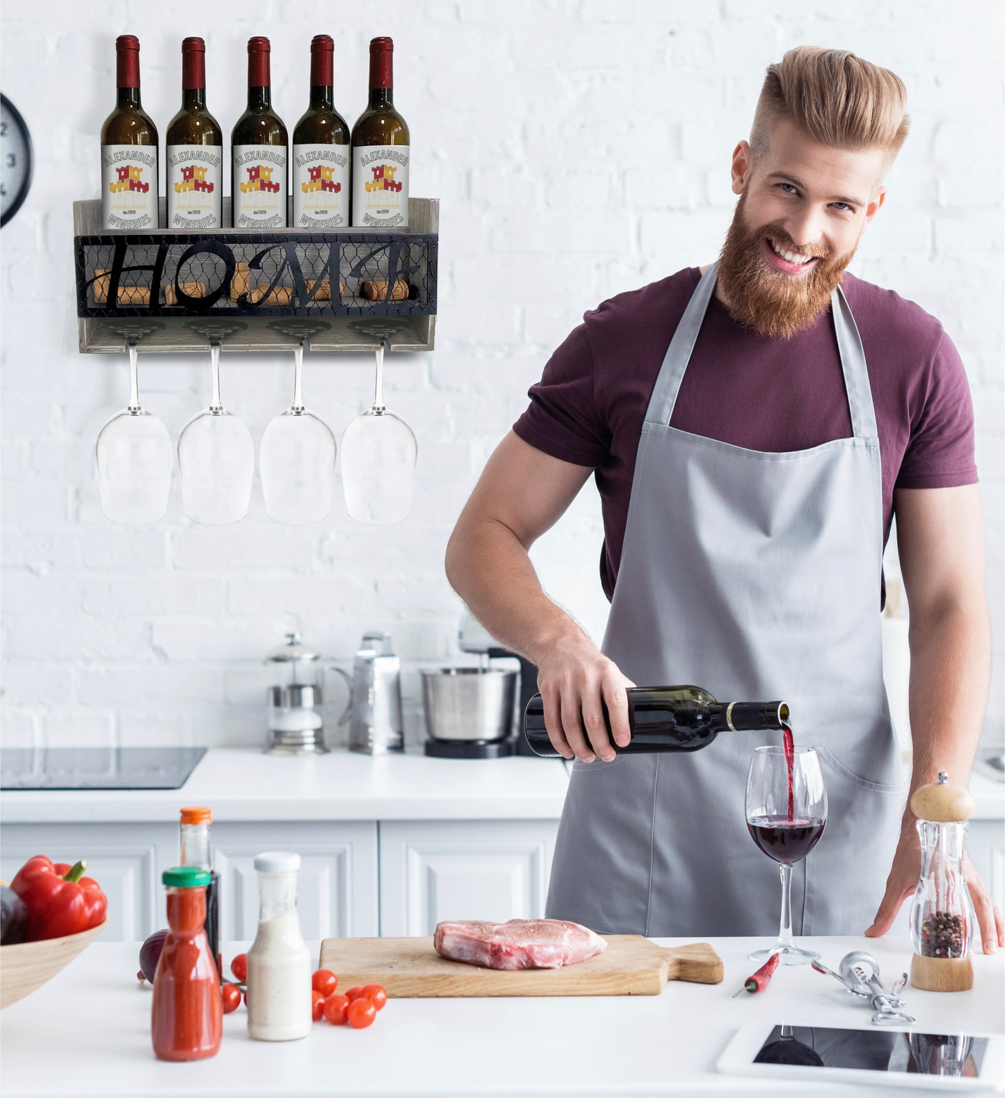 WINE DÉCOR - GREY MODERN WALL MOUNTED WINE RACK - 5 BOTTLES