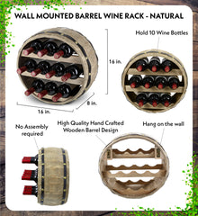 WINE DÉCOR - NATURAL WOOD INDUSTRIAL WALL MOUNTED BARREL WINE RACK - 10 BOTTLES