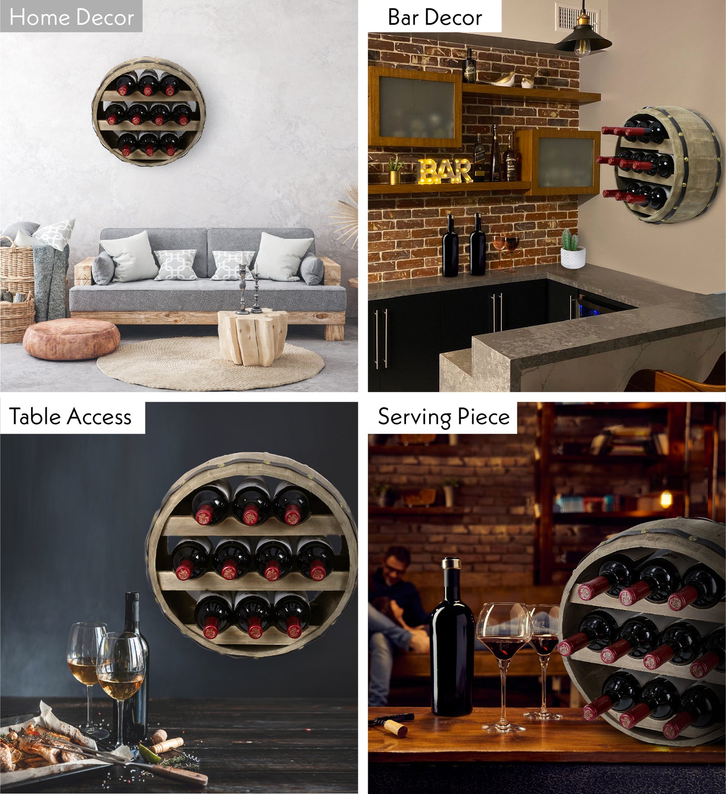 WINE DÉCOR - NATURAL WOOD INDUSTRIAL WALL MOUNTED BARREL WINE RACK - 10 BOTTLES