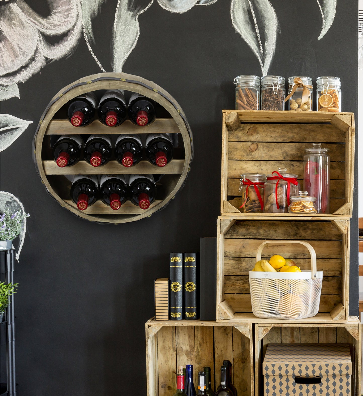 WINE DÉCOR - NATURAL WOOD INDUSTRIAL WALL MOUNTED BARREL WINE RACK - 10 BOTTLES