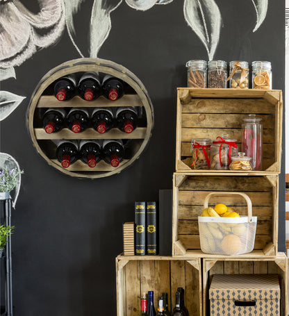 WINE DÉCOR - NATURAL WOOD INDUSTRIAL WALL MOUNTED BARREL WINE RACK - 10 BOTTLES