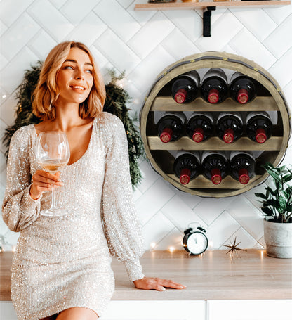 WINE DÉCOR - NATURAL WOOD INDUSTRIAL WALL MOUNTED BARREL WINE RACK - 10 BOTTLES