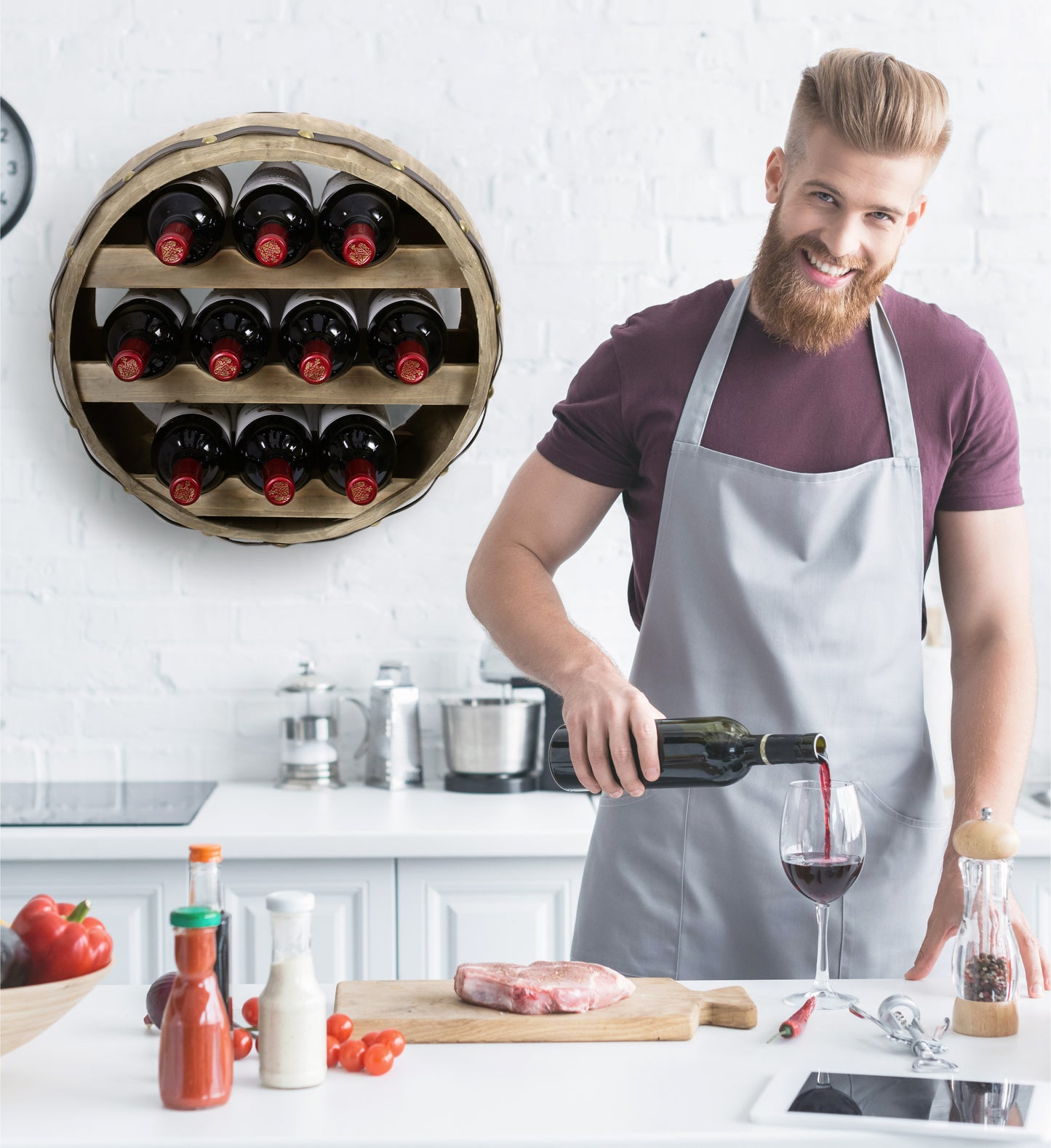 WINE DÉCOR - NATURAL WOOD INDUSTRIAL WALL MOUNTED BARREL WINE RACK - 10 BOTTLES