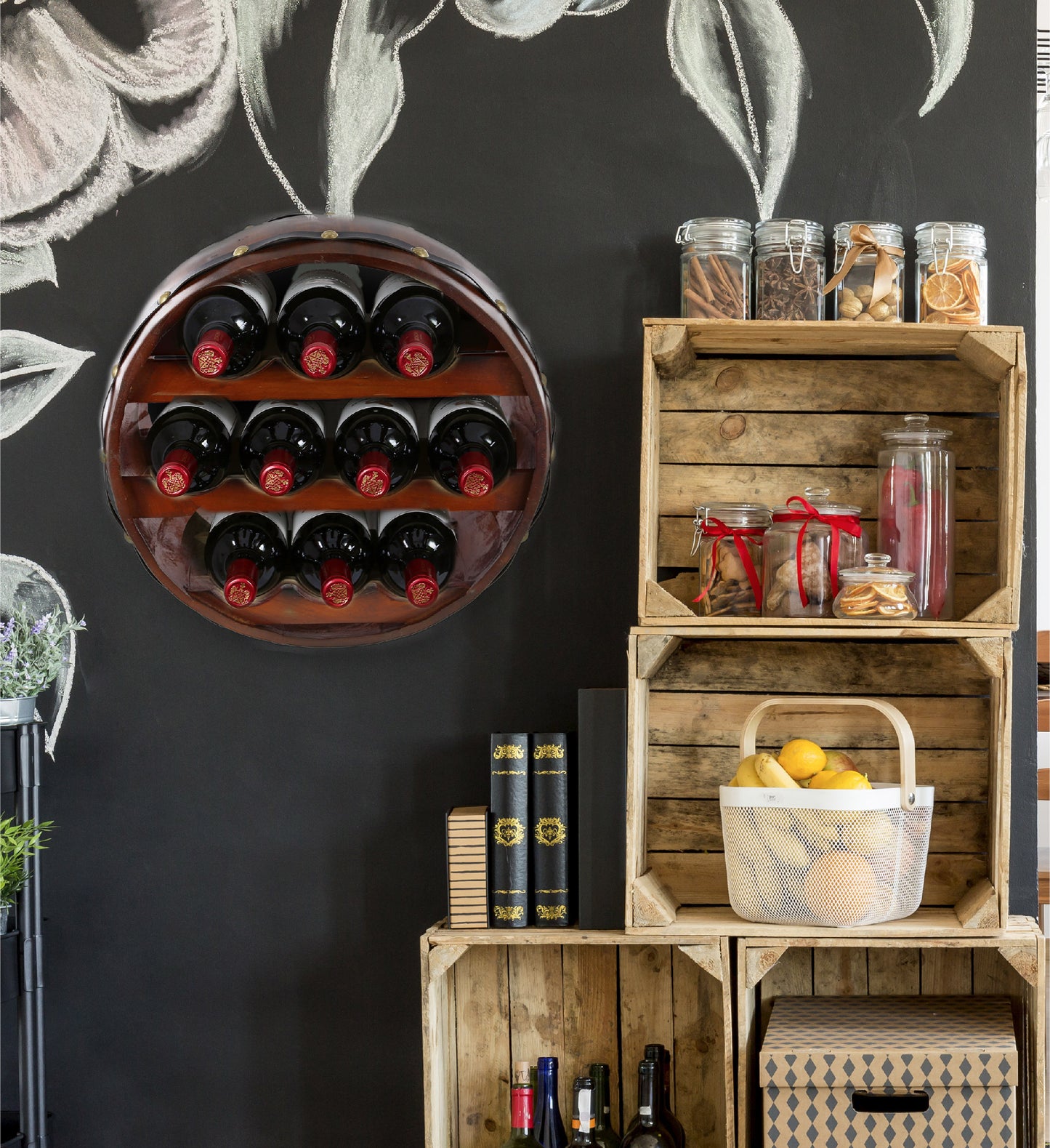 WINE DÉCOR - VINTAGE WALL MOUNTED BARREL WINE RACK - 10 BOTTLES