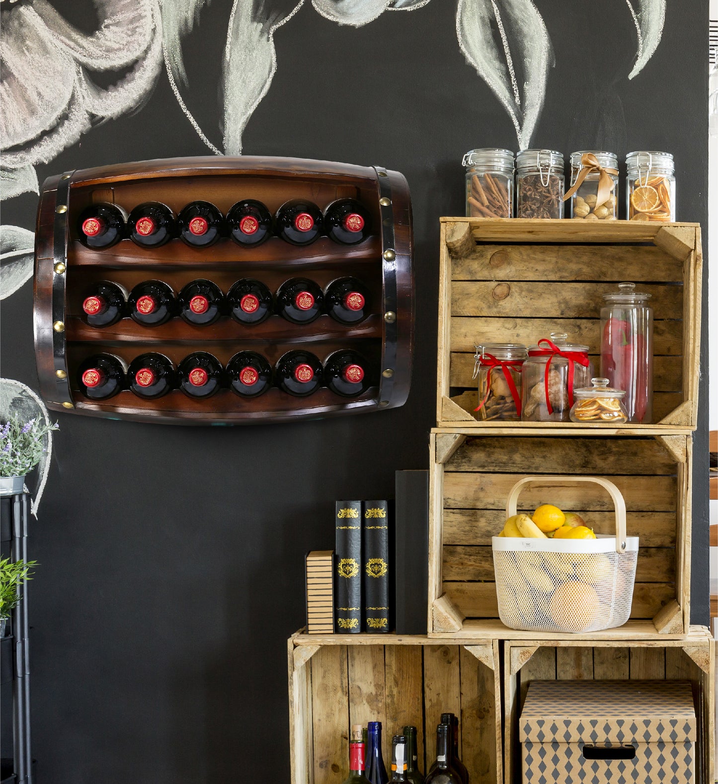 WINE DÉCOR - WALL NAPOLEON - 18 BOTTLES WOODEN HOLDER - BARREL SHAPE