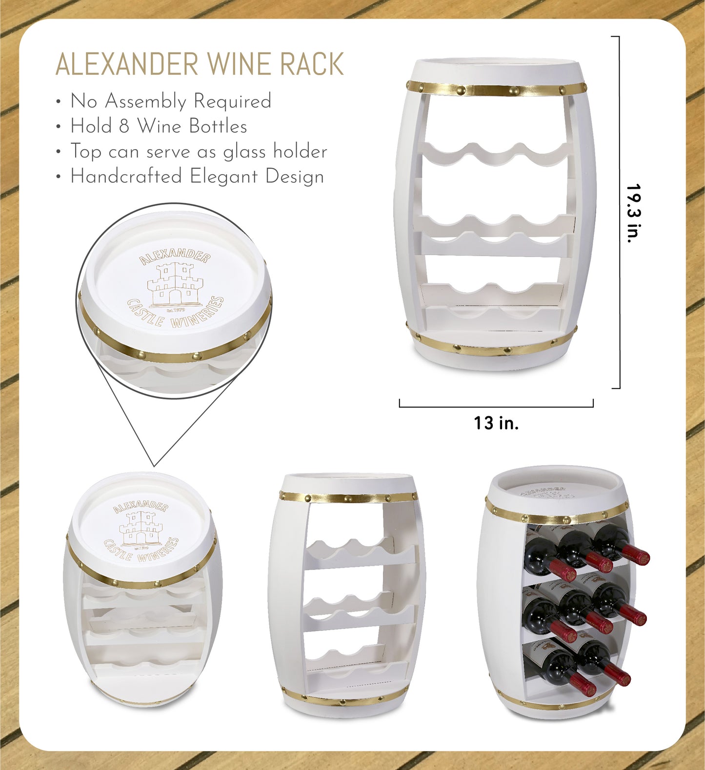WINE DÉCOR - WHITE & GOLD ALEXANDER - 8 BOTTLES WOODEN HOLDER - BARREL SHAPE