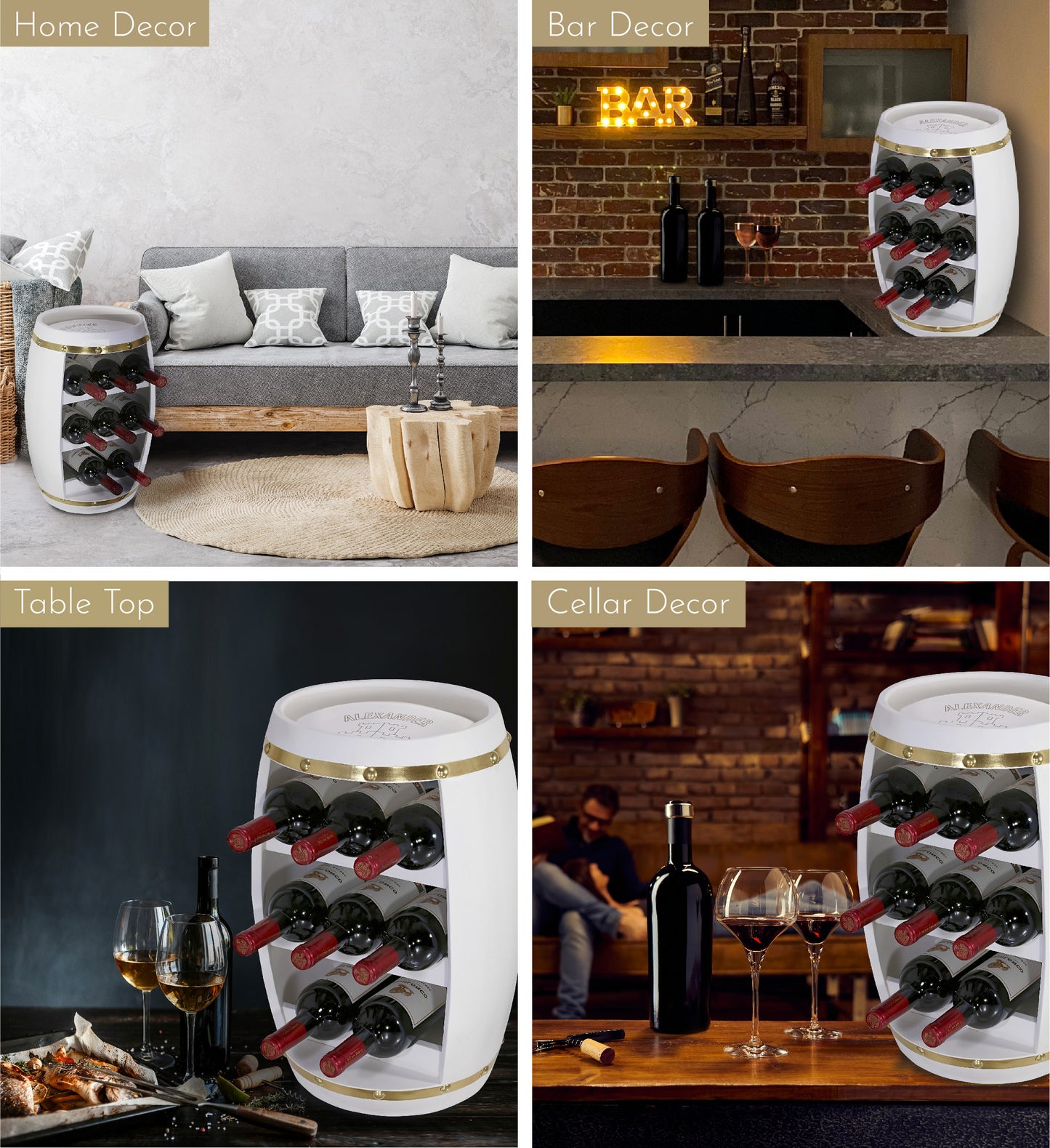 WINE DÉCOR - WHITE & GOLD ALEXANDER - 8 BOTTLES WOODEN HOLDER - BARREL SHAPE