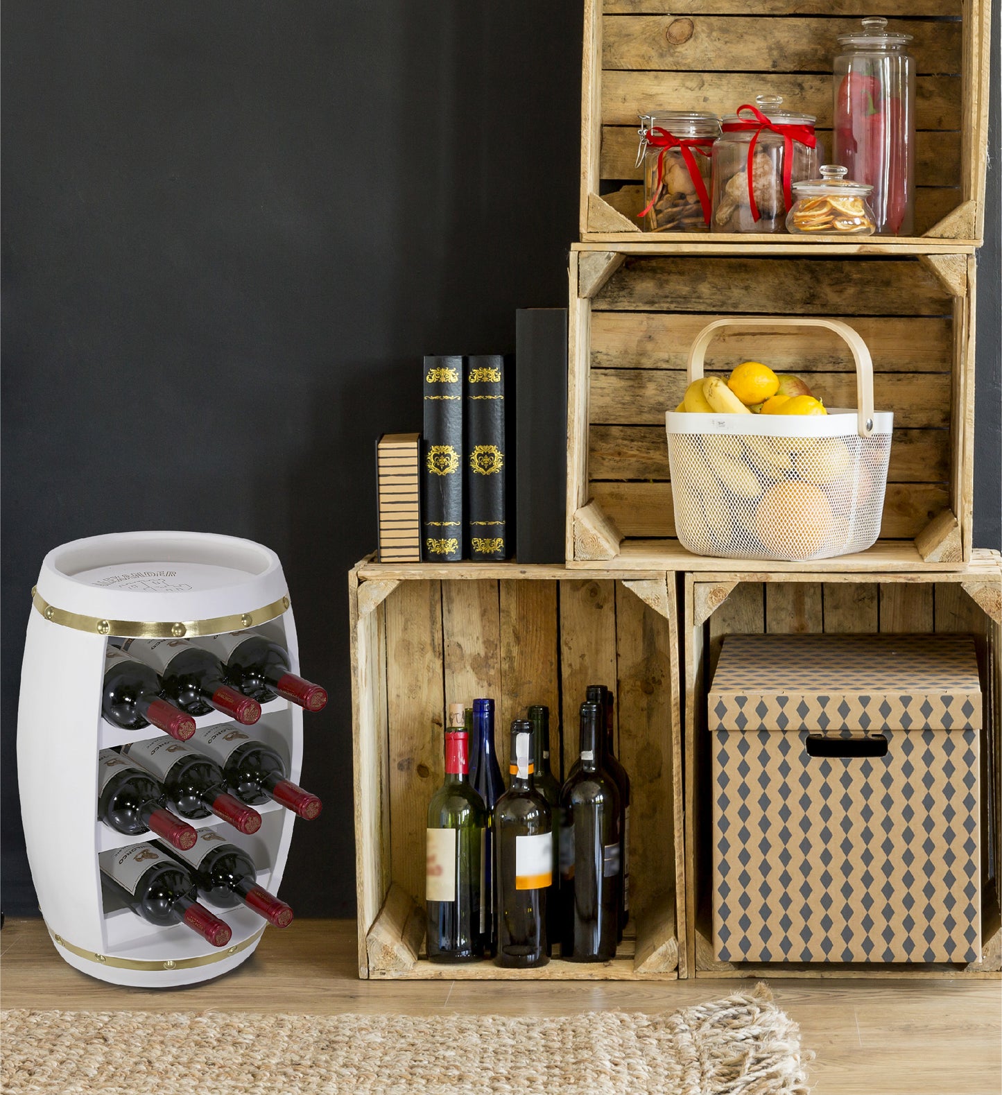 WINE DÉCOR - WHITE & GOLD ALEXANDER - 8 BOTTLES WOODEN HOLDER - BARREL SHAPE