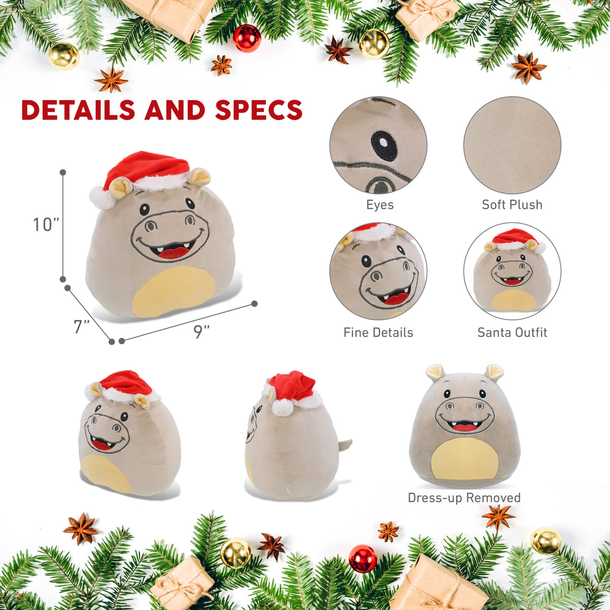 SNUG-MOOSHIES PLUSH - HIPPO 10" WITH SANTA DRESS UP