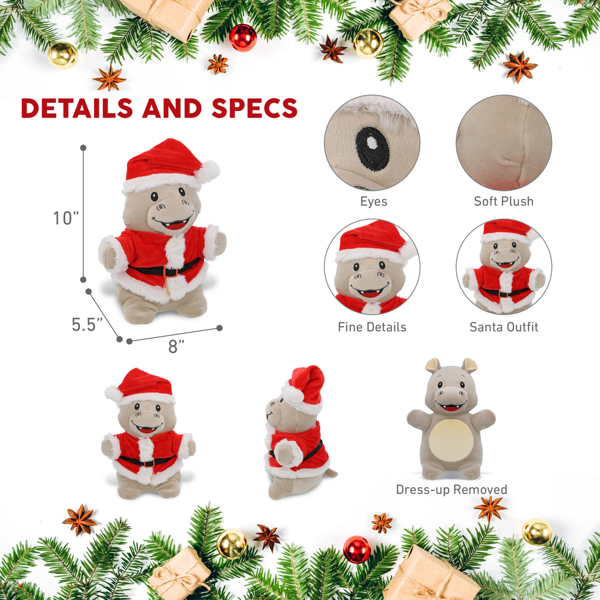 SNUG-MOOSHIES PLUSH - STANDING HIPPO 10" WITH SANTA DRESS UP