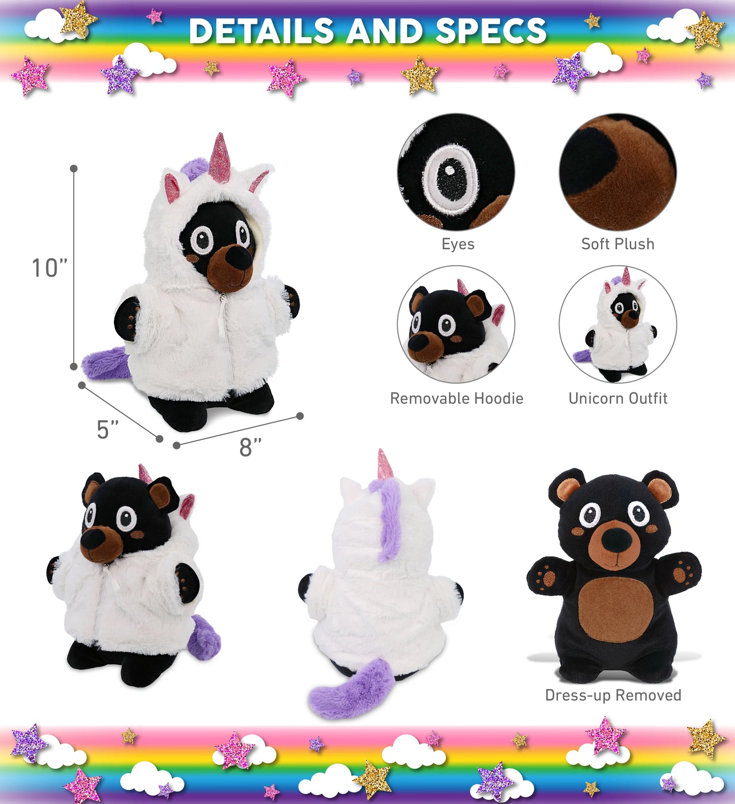 SNUG-MOOSHIES PLUSH - STANDING BLACK BEAR with Unicorn Dress Up