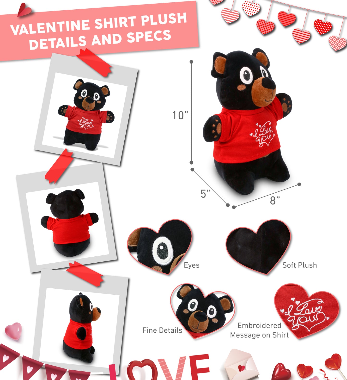 PLUSH I LOVE YOU RED SHIRT- SNUG-MOOSHIES PLUSH - STANDING BLACK BEAR
