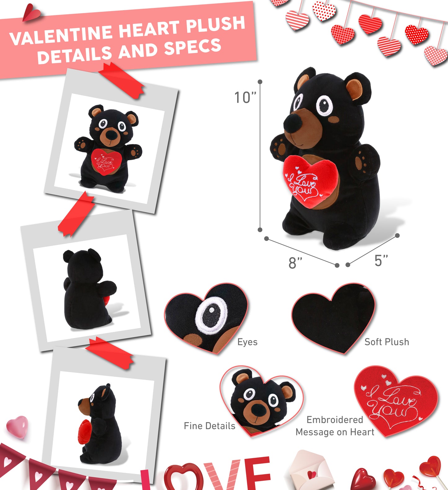 PLUSH I LOVE YOU RED HEART - SNUG-MOOSHIES PLUSH - STANDING BLACK BEAR