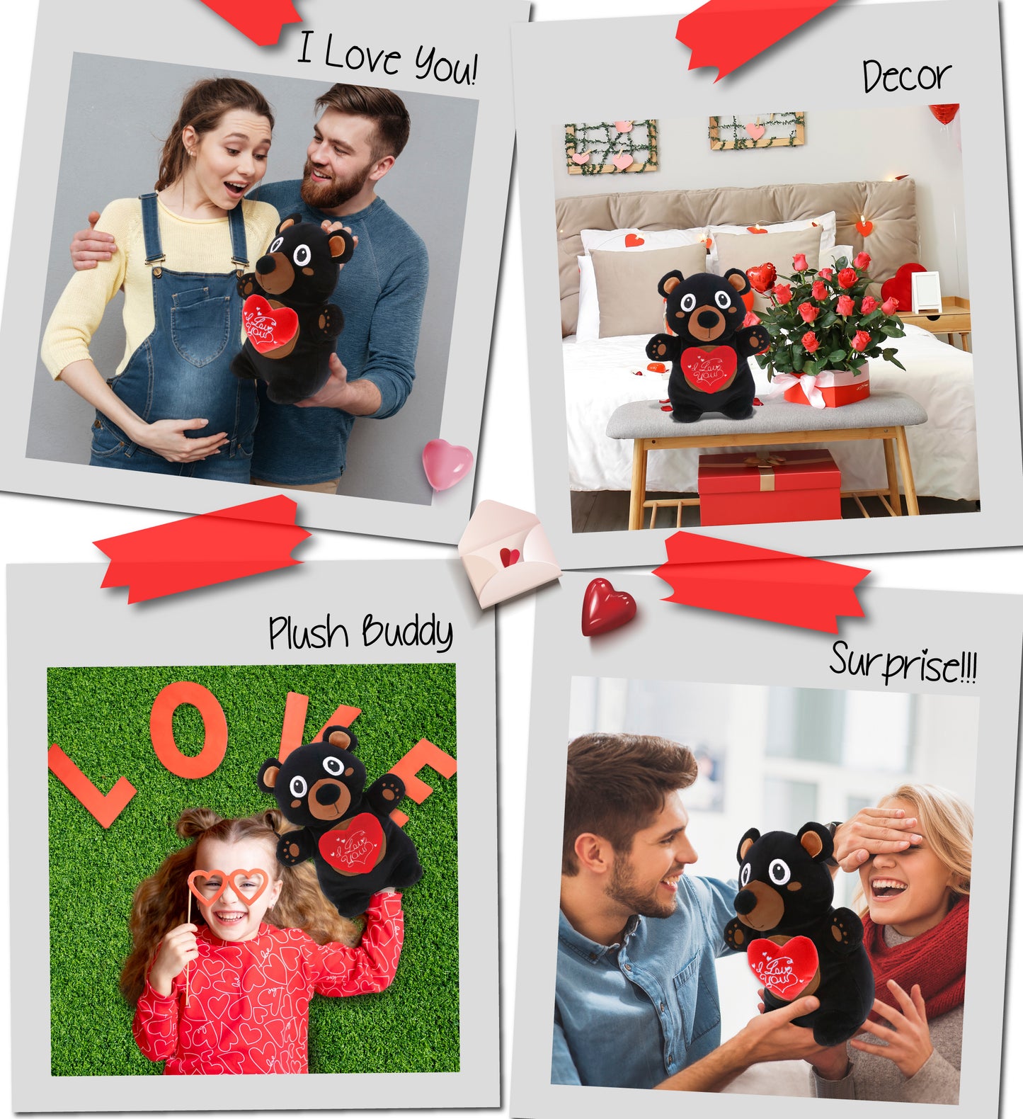 PLUSH I LOVE YOU RED HEART - SNUG-MOOSHIES PLUSH - STANDING BLACK BEAR
