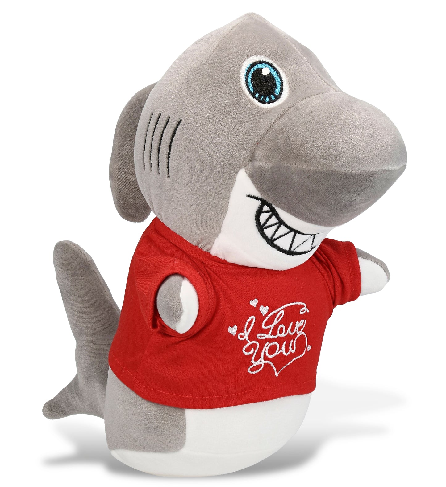 PLUSH I LOVE YOU RED SHIRT- SNUG-MOOSHIES PLUSH - STANDING SHARK