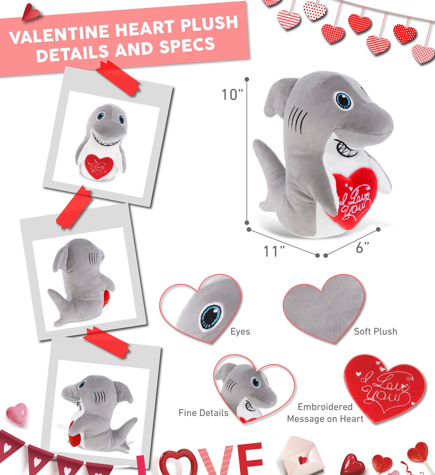 PLUSH I LOVE YOU RED HEART - SNUG-MOOSHIES PLUSH - STANDING SHARK