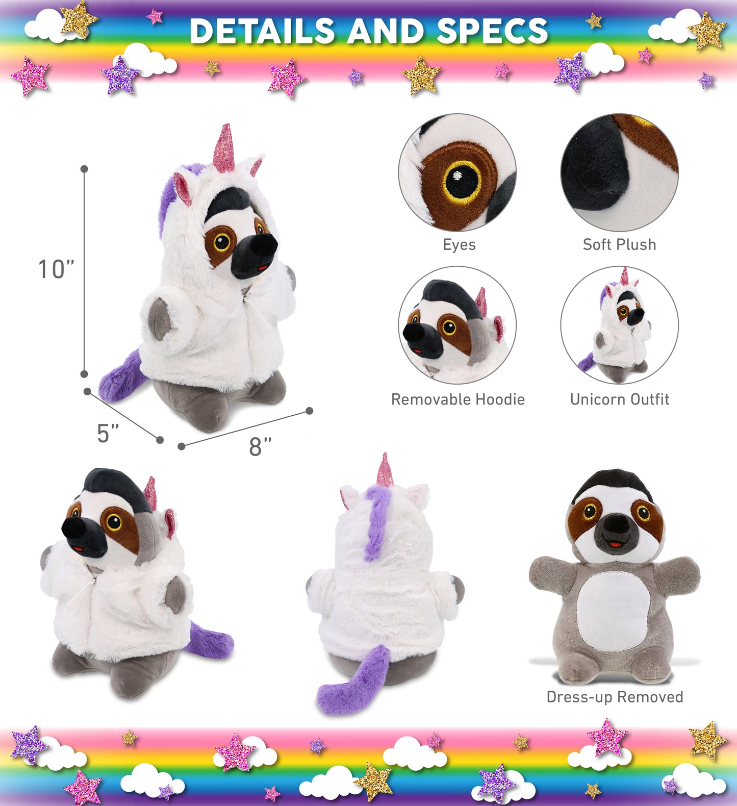 SNUG-MOOSHIES PLUSH - STANDING SLOTH with Unicorn Dress Up