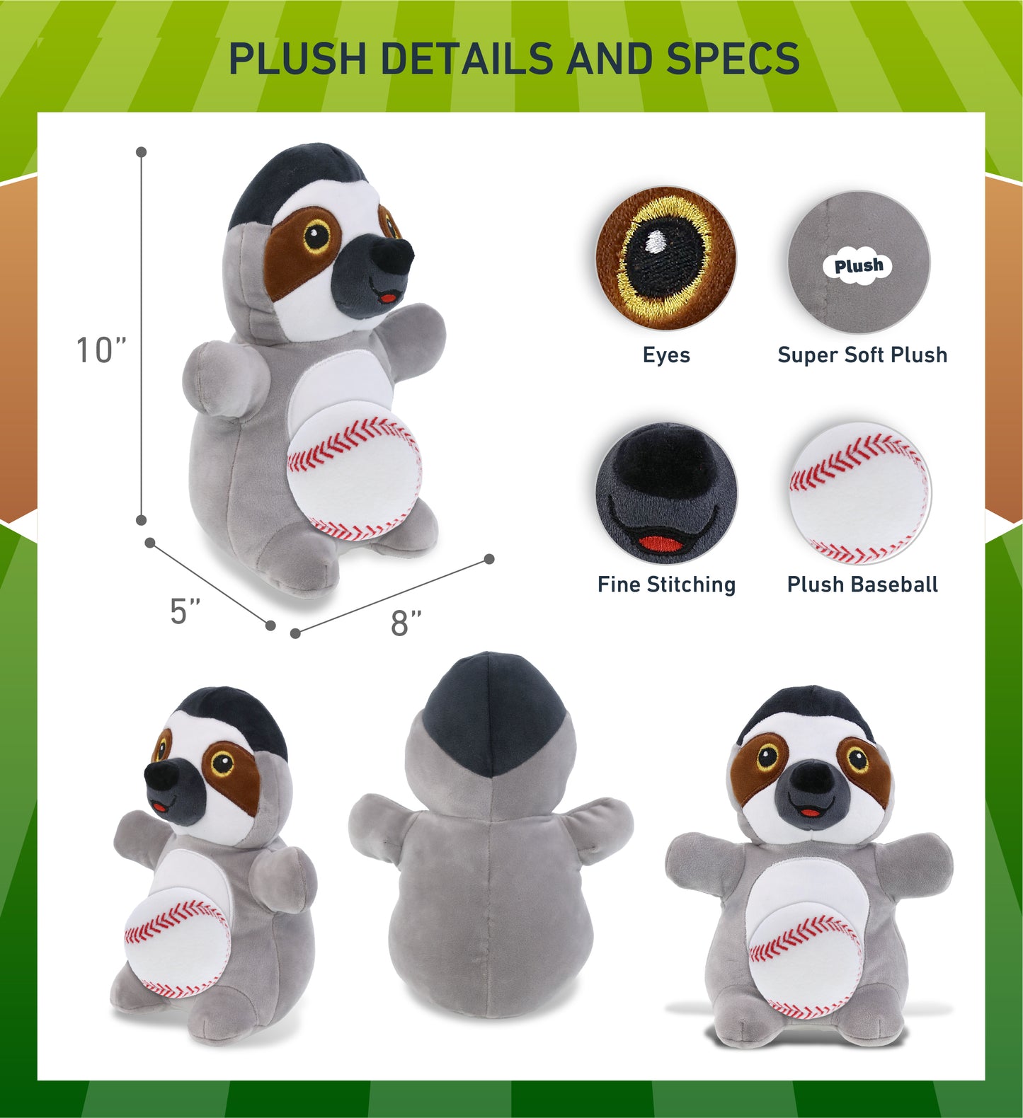 SNUG-MOOSHIES PLUSH - STANDING SLOTH with Baseball Plush