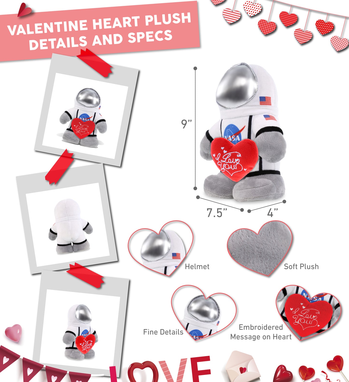 PLUSH I LOVE YOU RED HEART - SNUG-MOOSHIES PLUSH - STANDING ASTRONAUT