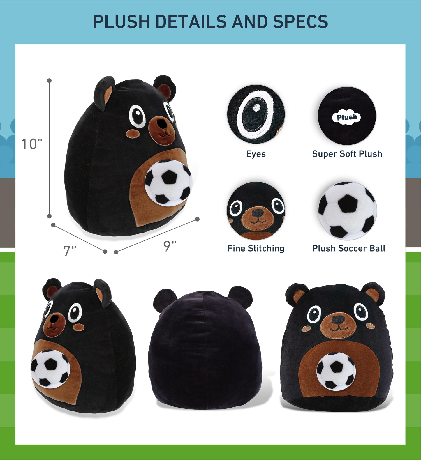 SNUG-MOOSHIES PLUSH - BLACK BEAR 10" with Soccer Plush