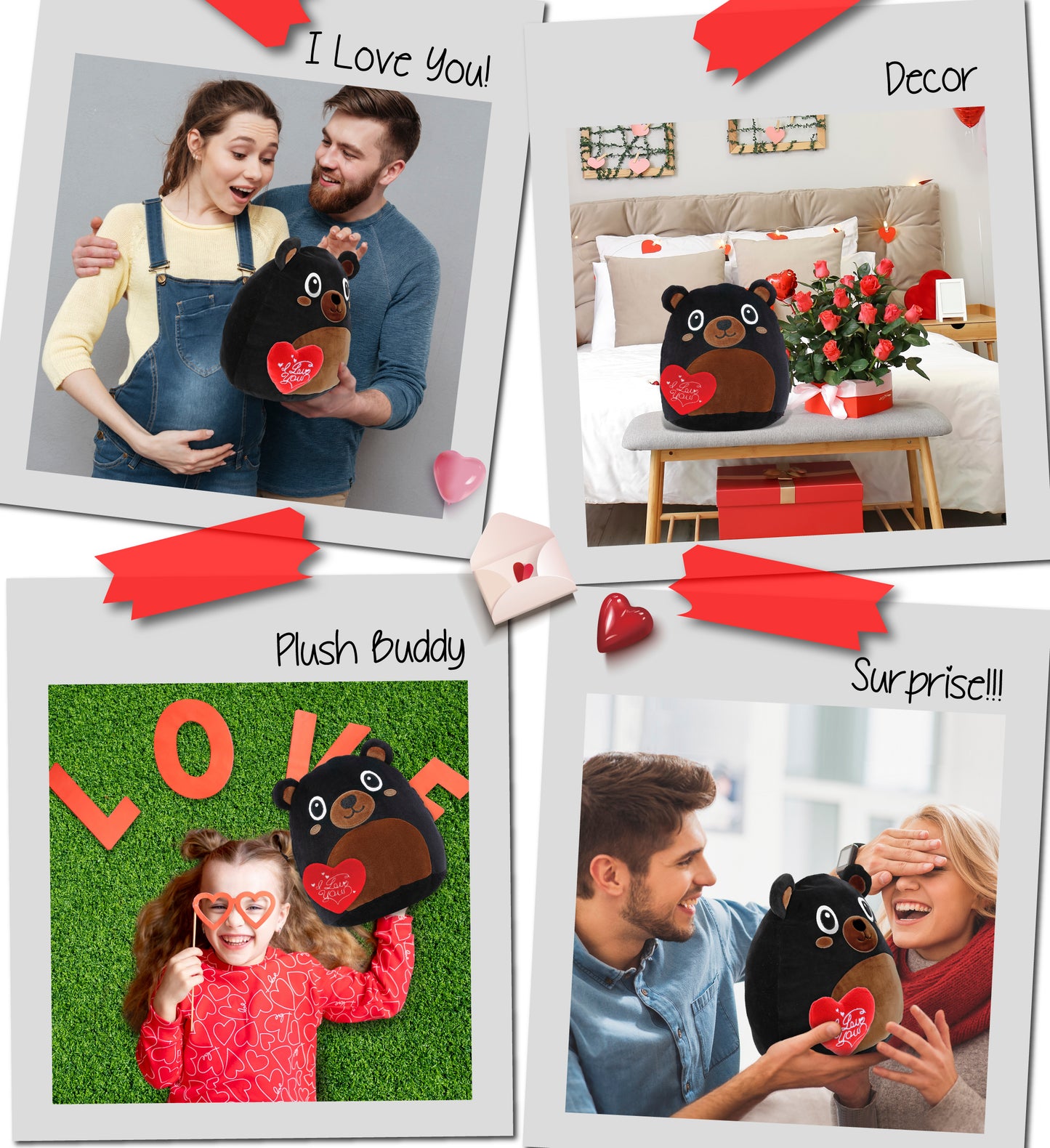 DolliBu I Love You Valentine Snug-Mooshies Black Bear with Red Heart - 10 Inch