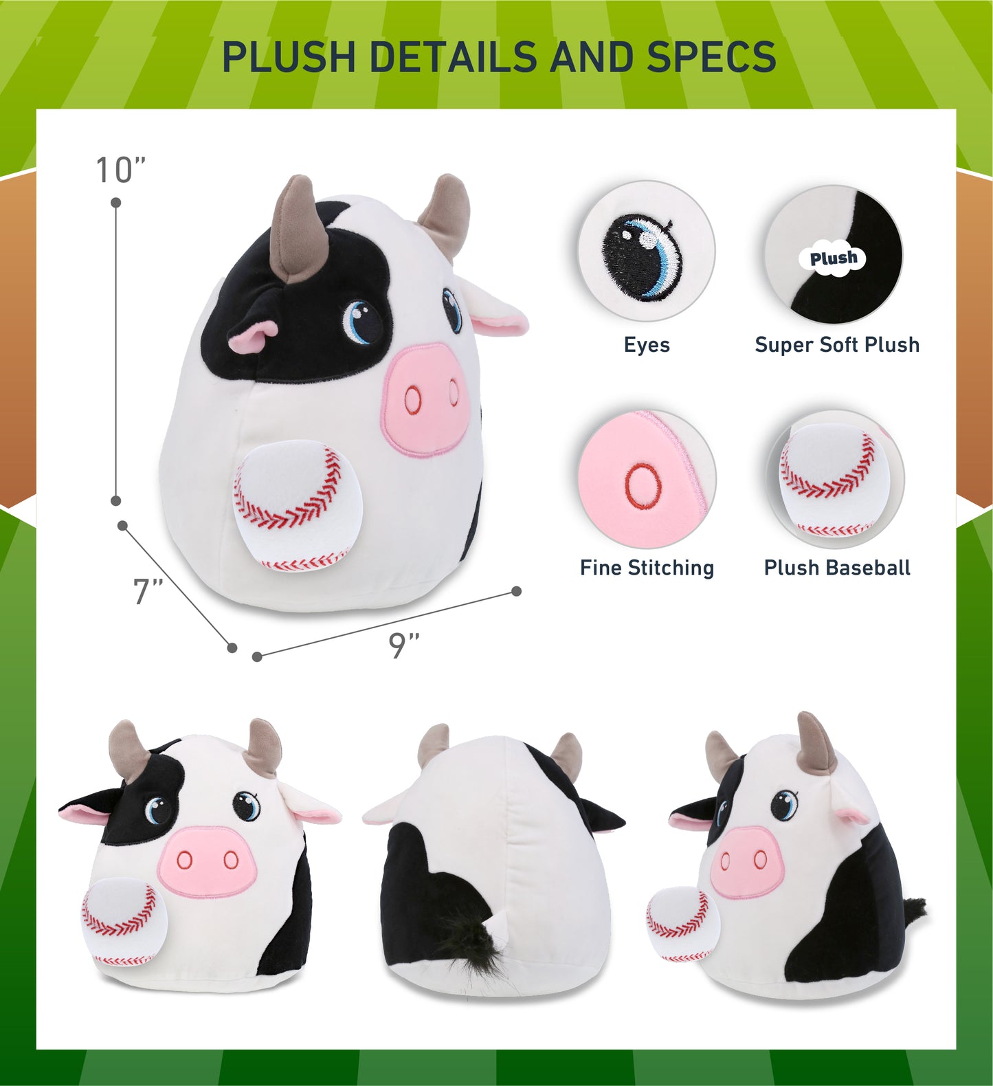 SNUG-MOOSHIES PLUSH - COW 10" with Baseball Plush