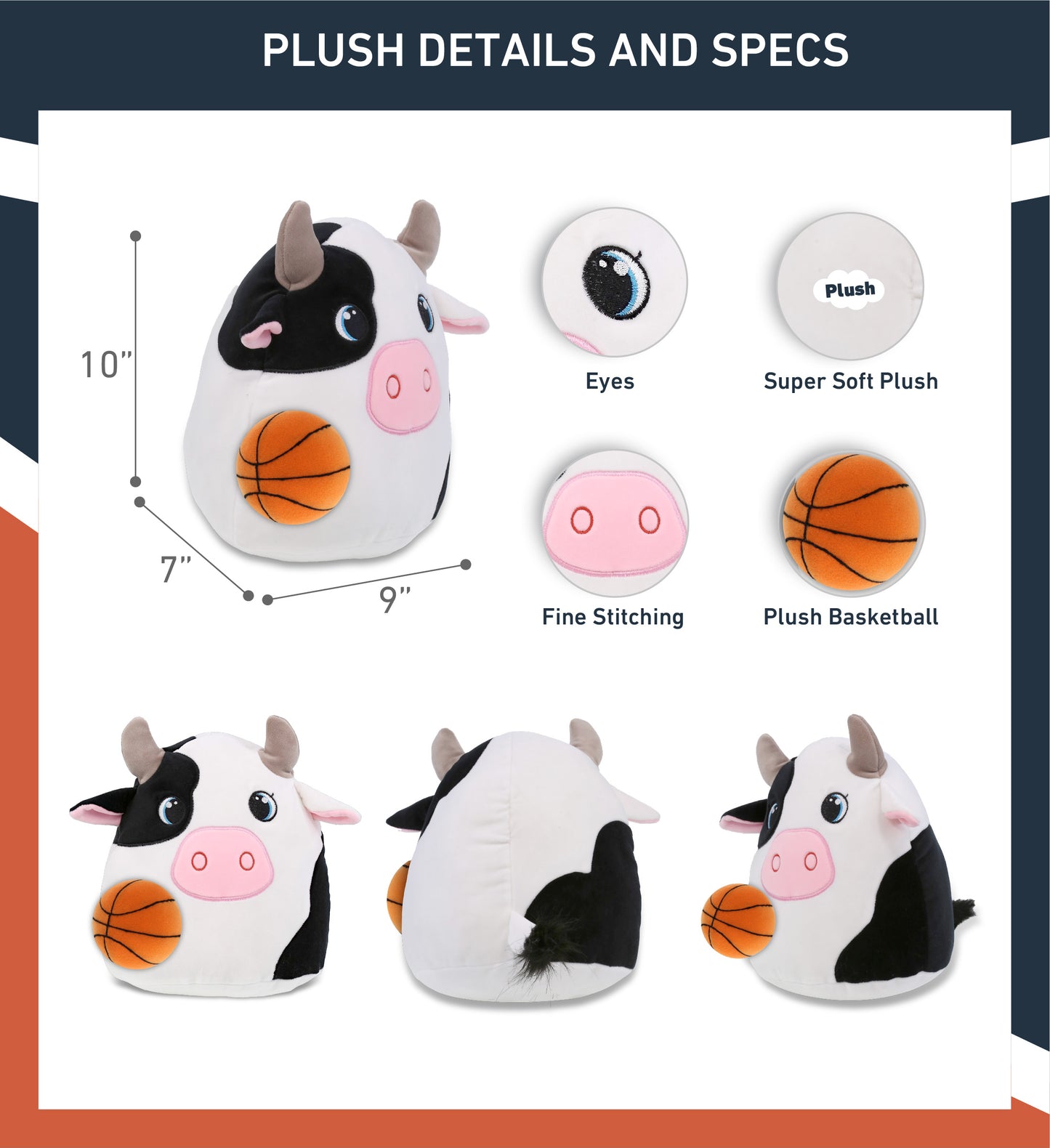 SNUG-MOOSHIES PLUSH - COW 10" with Basketball Plush