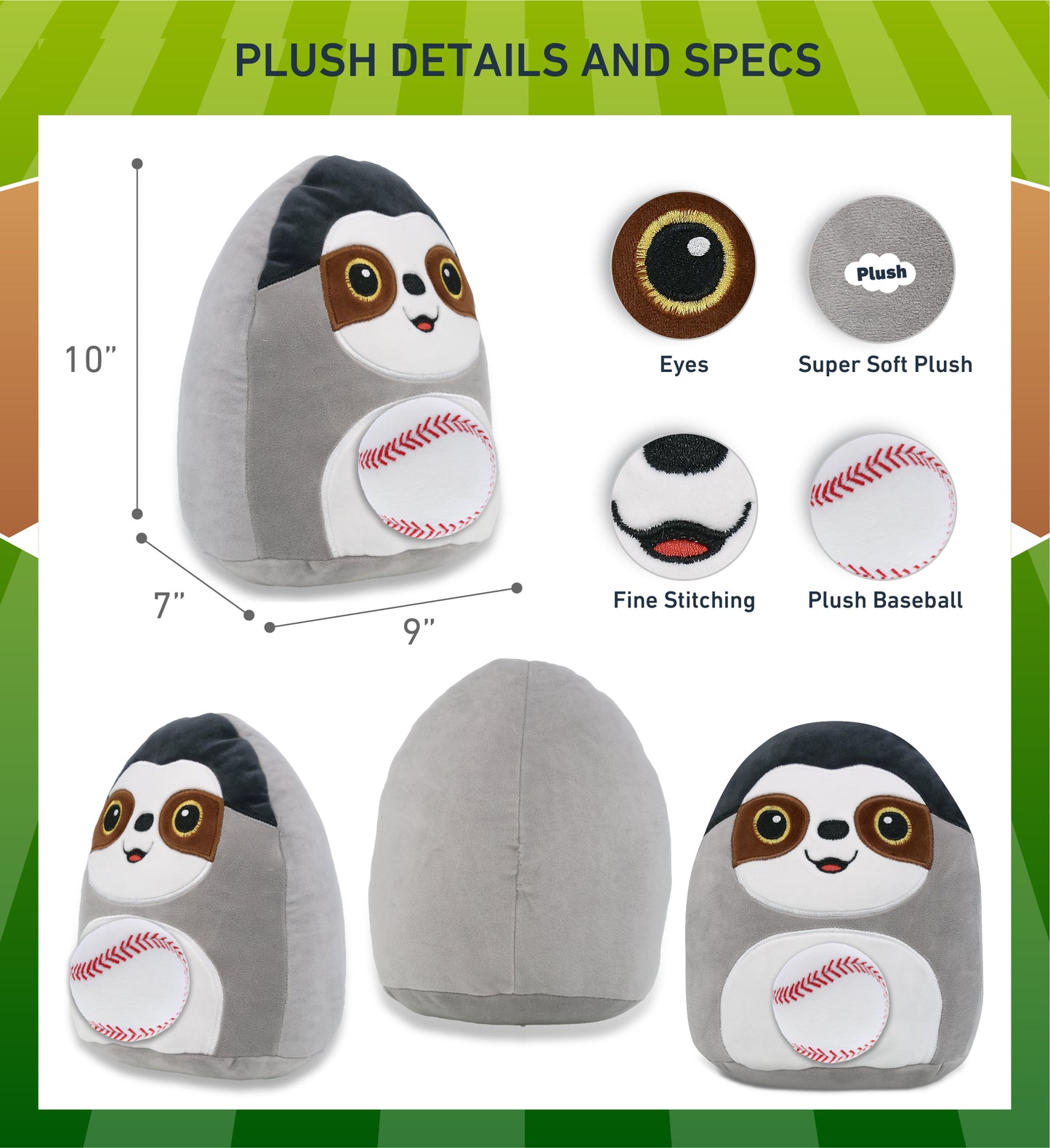 SNUG-MOOSHIES PLUSH - SLOTH 10" with Baseball Plush